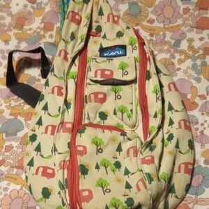 Kavu Cream Sling Bag with Red and Green Camping Design
